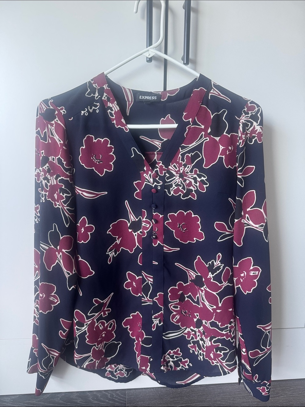 Express Navy Blouse with Burgundy Floral Print